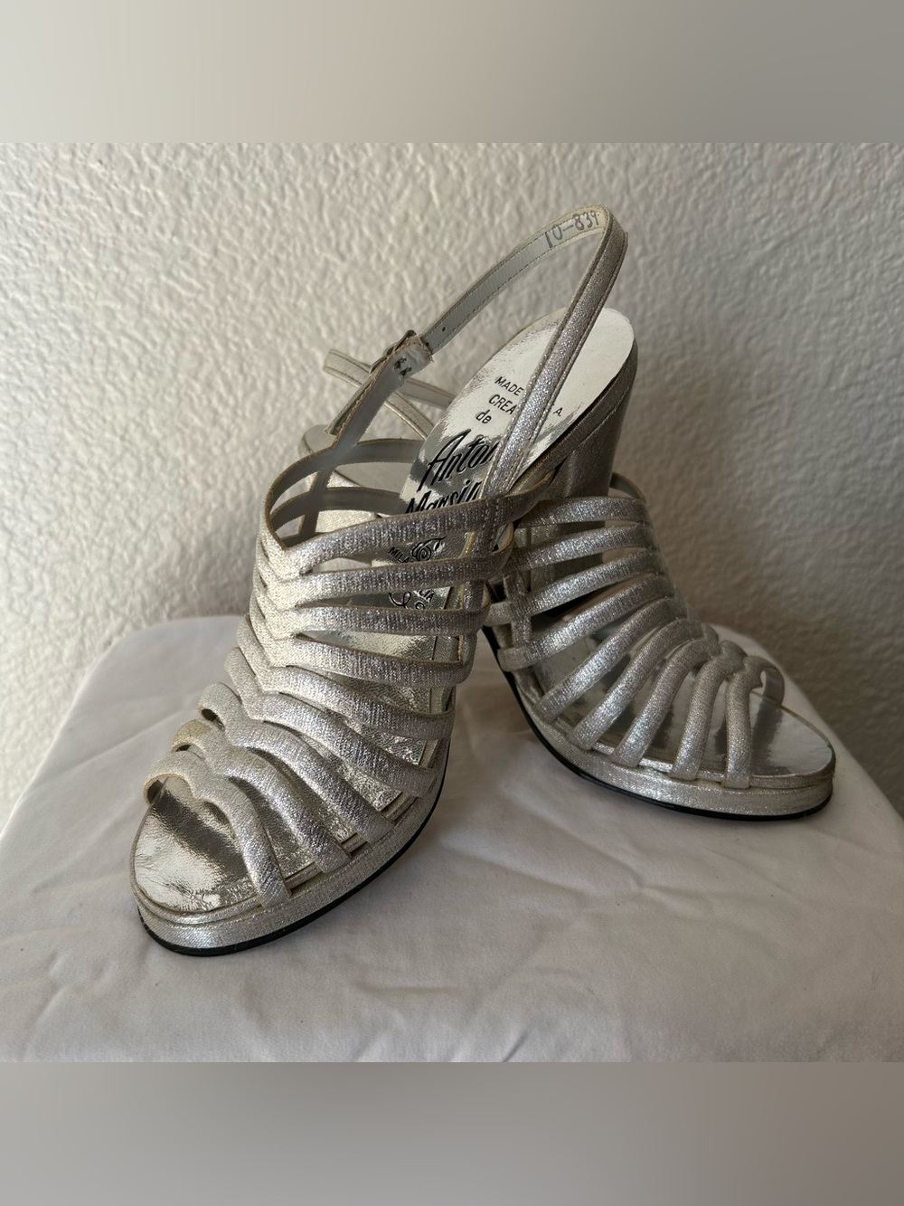 Vintage Metallic Silver Strappy Slingback Heels